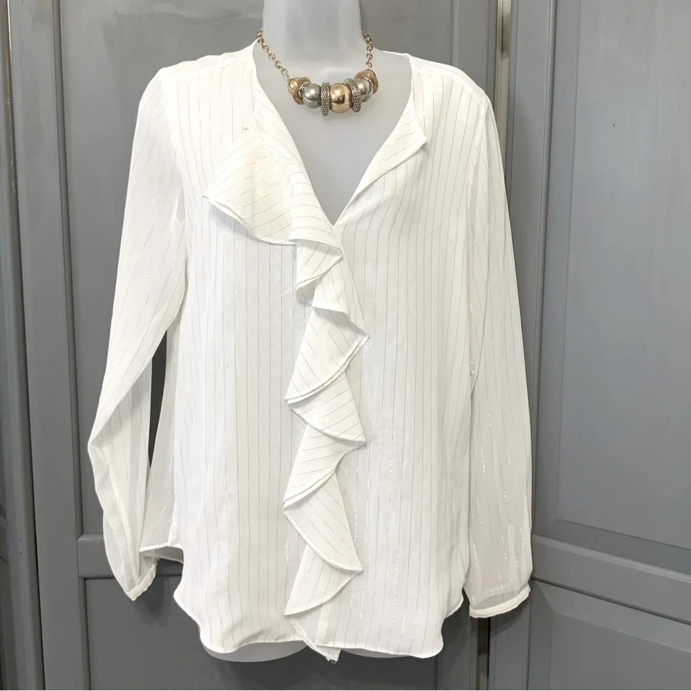 Tommy Hilfiger Metallic Shimmer Ruffle Front Blouse - Picture 1 of 14